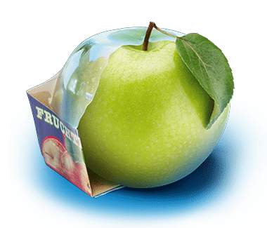 Grüner Apfel in einer Verpackungsschale mit Etikett