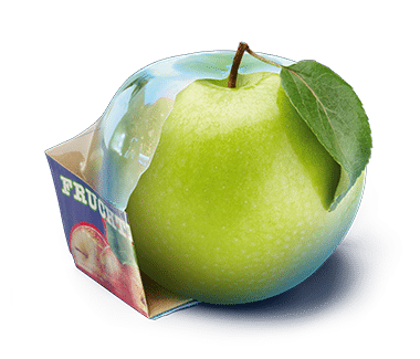 Grüner Apfel in einer Verpackungsschale mit Etikett